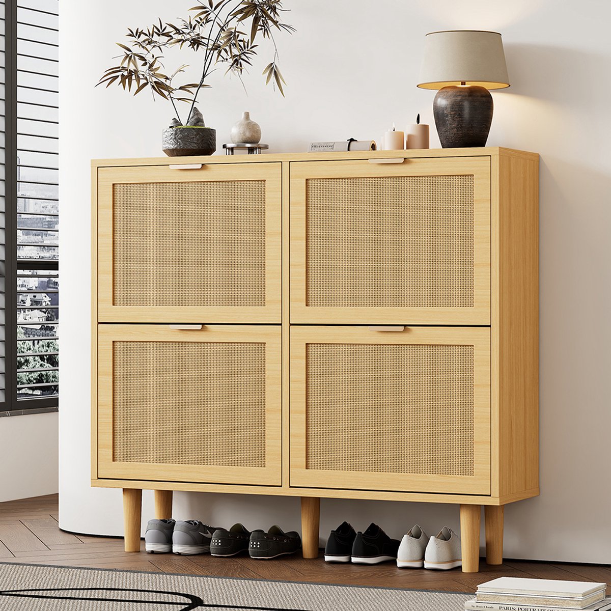 Komhtom Schoenenkast met 4 neerklapbare lades, rieten schoenenkast met metalen handgrepen, schoenenrek voor de gang, slaapkamer, appartement, houten meubels, cottage-stijl, afmetingen: 100 x 25 x 90 cm (3809946441253)