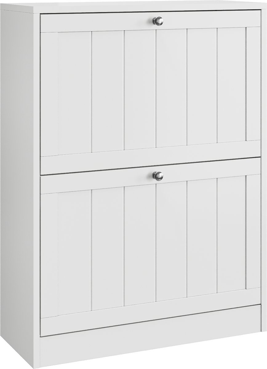 Merax Schoenenkast 60 cm - Vrijstaande Witte Schoenenkast met 2 Klepdeuren - Smalle Opbergkast voor Hal en Gang - Mid-Century Modern (8721178471646)