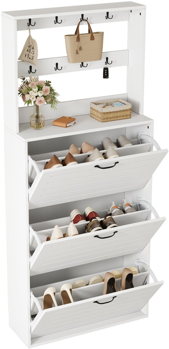 Merax Schoenenkast met 3 Deuren - Schoenenrek met Haken - Kast voor 15 Paar Schoenen - Opbergkast voor Schoenen - Tassen en Hoeden - Wit 70x25x163 cm (8721178471530)