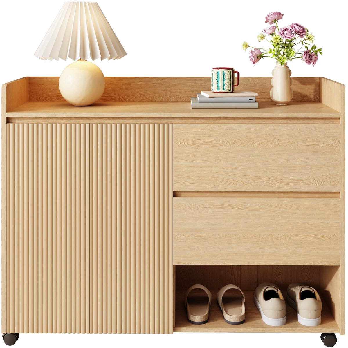 Merax Schoenenkast met Lade en Open Vakken - Verplaatsbare Schoenenkast met Wieltjes en Rem - Verstelbare Planken en Soft-Close Scharnieren - MDF Houtlook 110×35×86 cm (8721178471431)