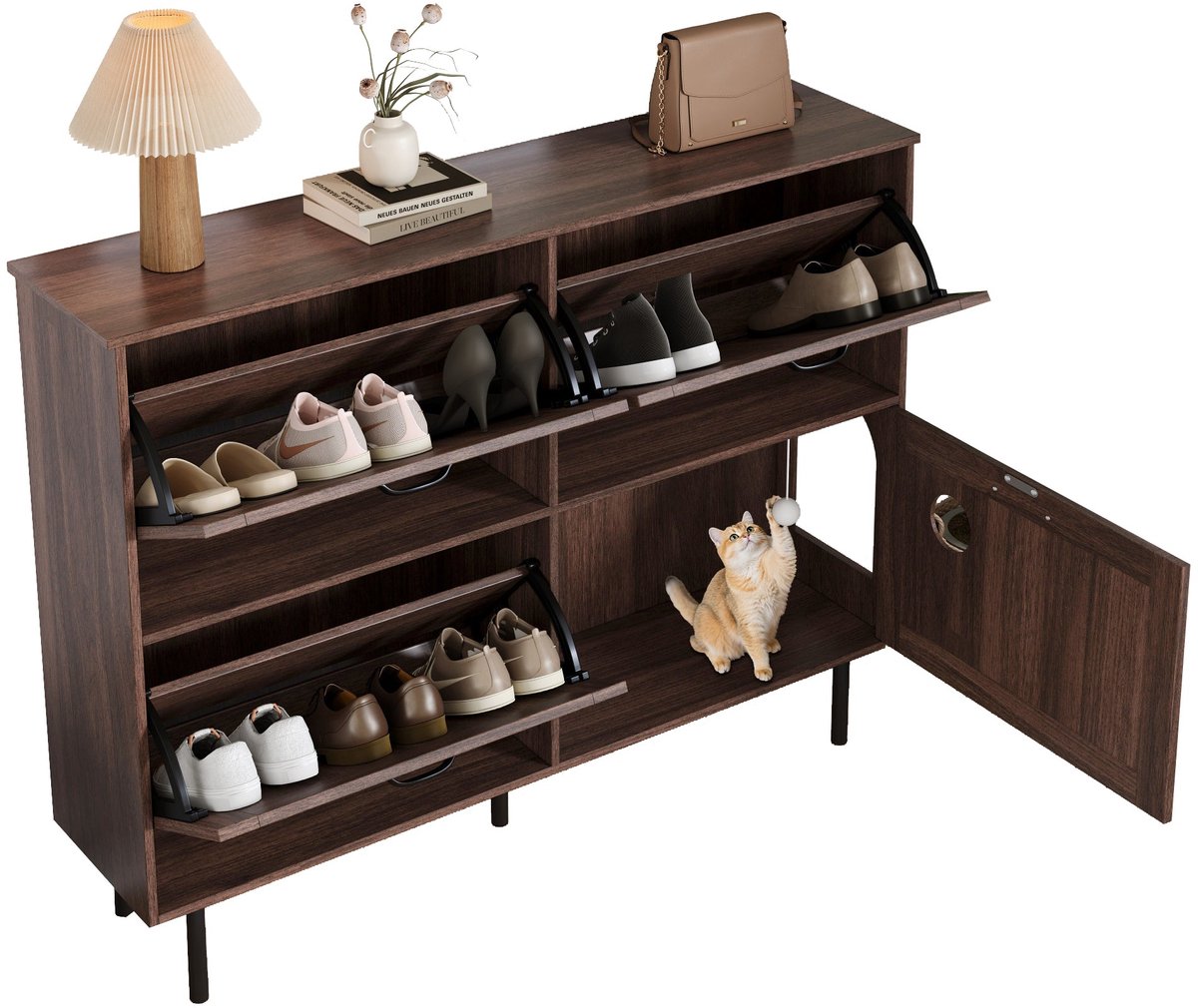 Merax Smalle Schoenenkast 120x28x92 cm - Schoenenrek met 3 Kleppen - Opbergruimte met 4 Deuren - Houten Schoenenkast met Luchtcirculatie - Walnootkleur (8721178471486)