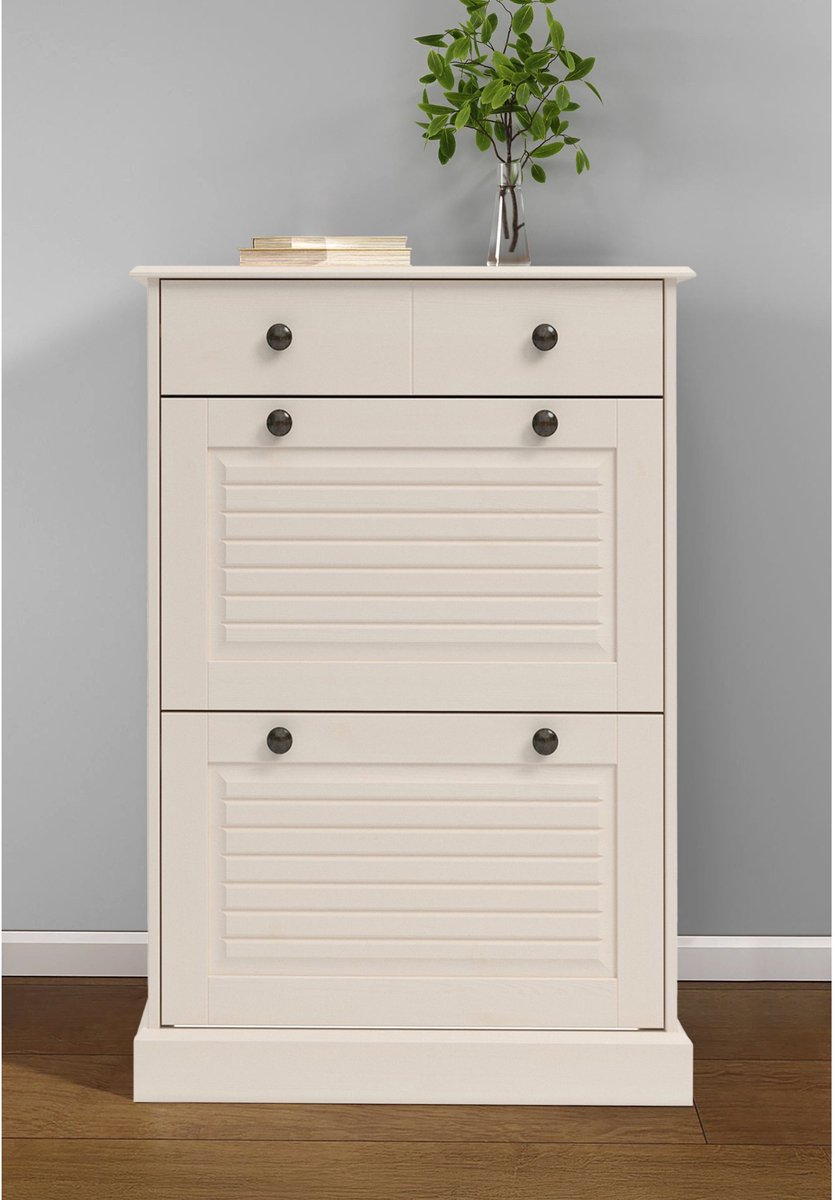 Mille|Schoenenkist met 2 klepdeuren 1 lade in grenen wit (5711950569480)