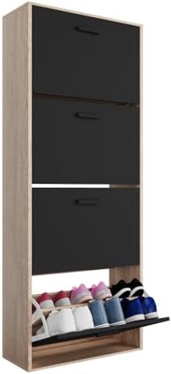 Moderne Schoenenkast voor 24 paar - Grote Opbergcapaciteit voor Hal of Entree - Afmetingen 60x24x150 cm - Zwarte Deuren en Licht Houten Frame - Scandinavisch Design (6154348571501)
