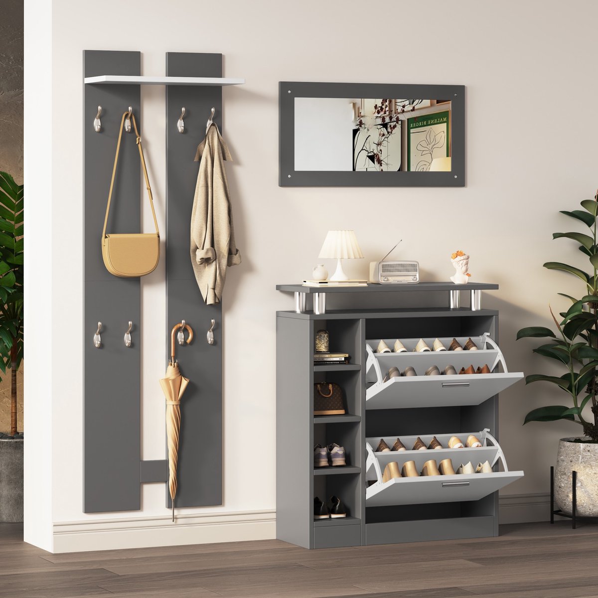 PHOEBE CAT Schoenenkast - Kapstok set - Met spiegel - 2 wandpanelen - Grijs - Halmeubilair - Grijs + Wit (3835142653497)