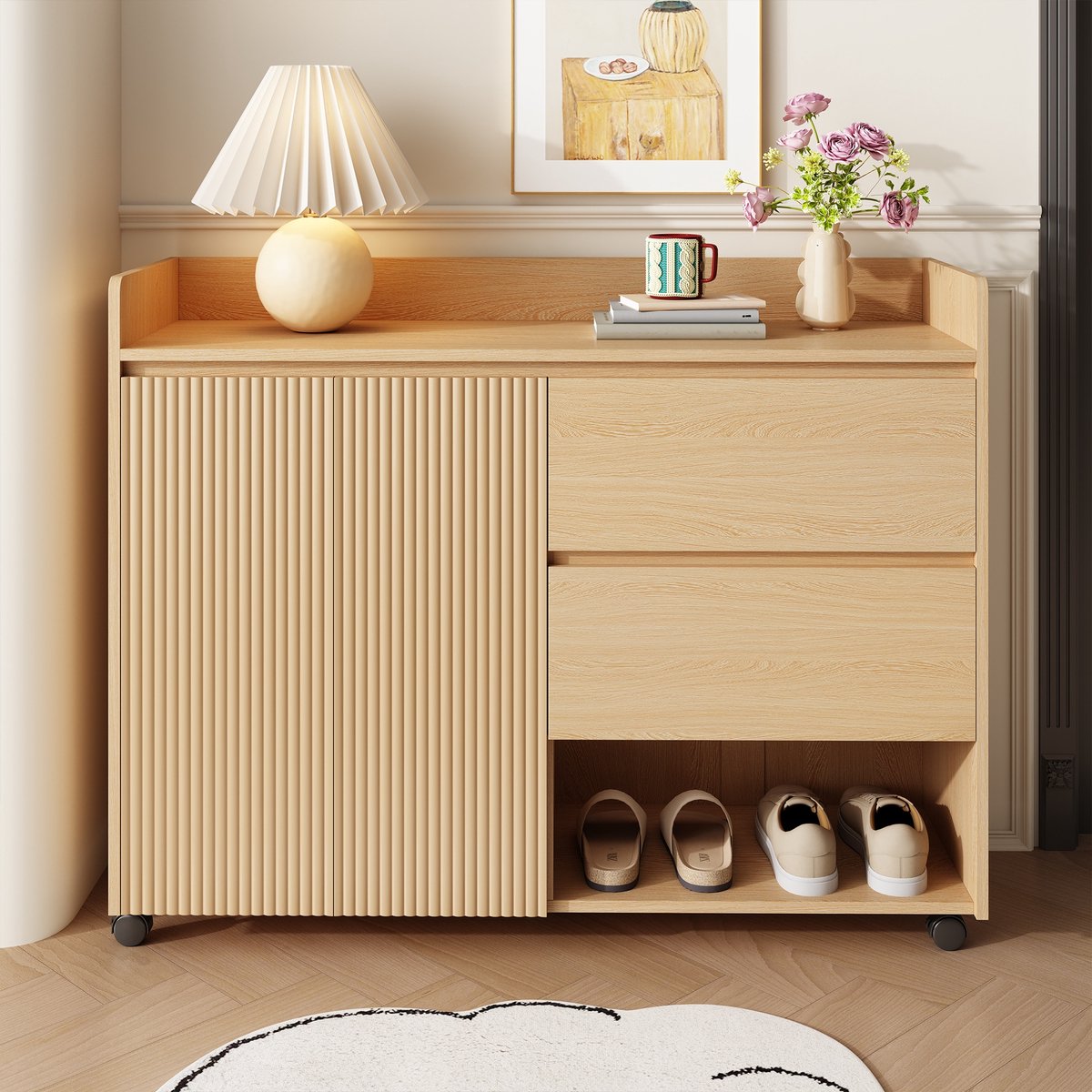PHOEBE CAT Schoenenkast - Met wieltjes - Verstelbare planken - 2 lades - Natuurlijke (3835142652889)