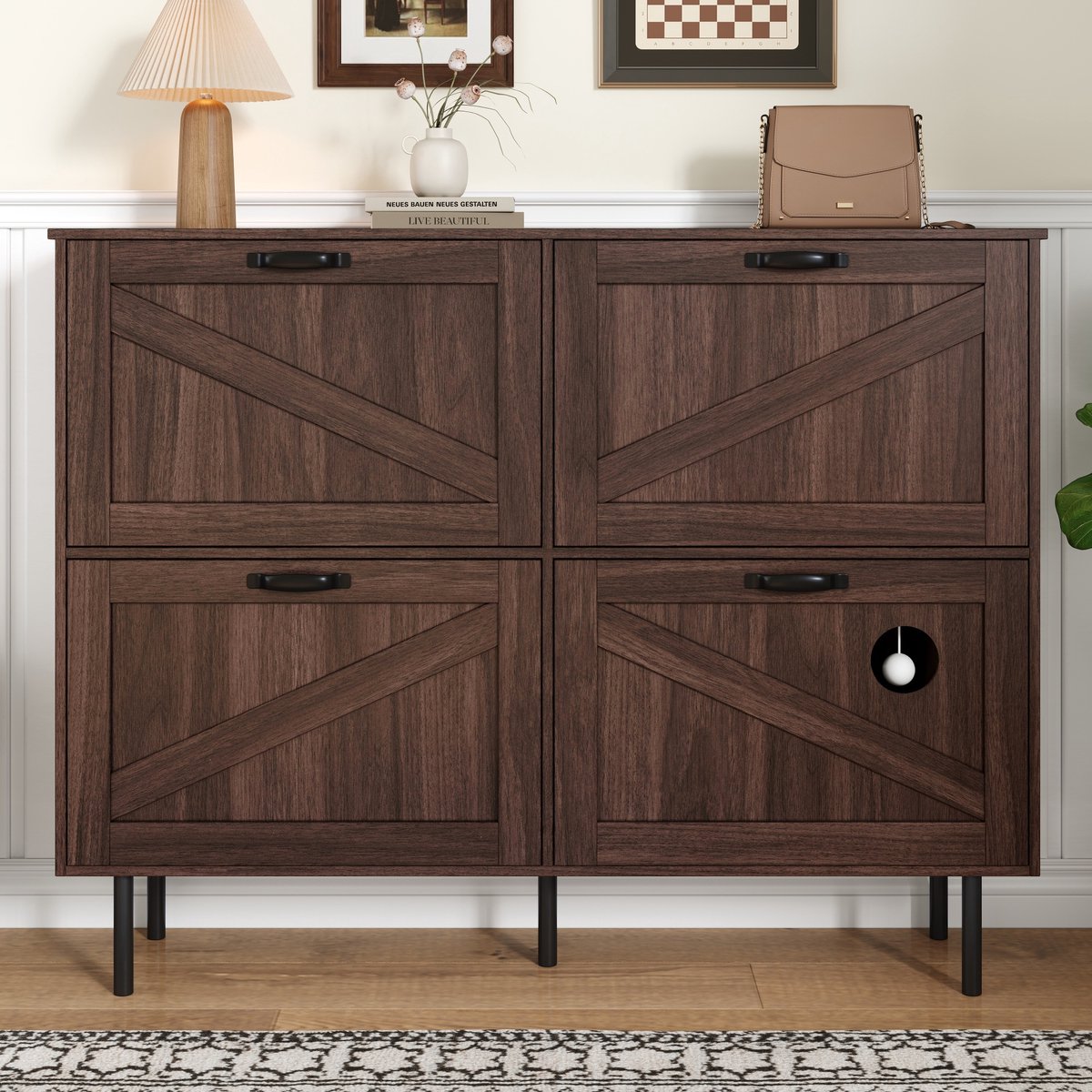 Re-purelife® Katten & Leven Ruimtebesparend Schoenenmeubel 120x28x92 cm - Smalle Opbergkast met 3 Deuren & Katten Speelgoed - Opvouwbare Schappen - Schoenenkast voor Hal of Gang - Notenhout Kleur (9331868841322)