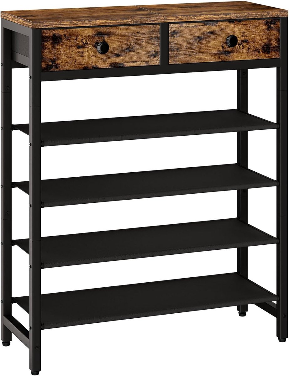 Retadou - Schoenenrek met 5 etages, grote capaciteit schoenenrek met 2 stoffen laden voor 12-16 paar schoenen, moderne metalen schoenenstandaard met stoffen rek voor entree hal woonkamer, rustiek bruin (6152247277258)