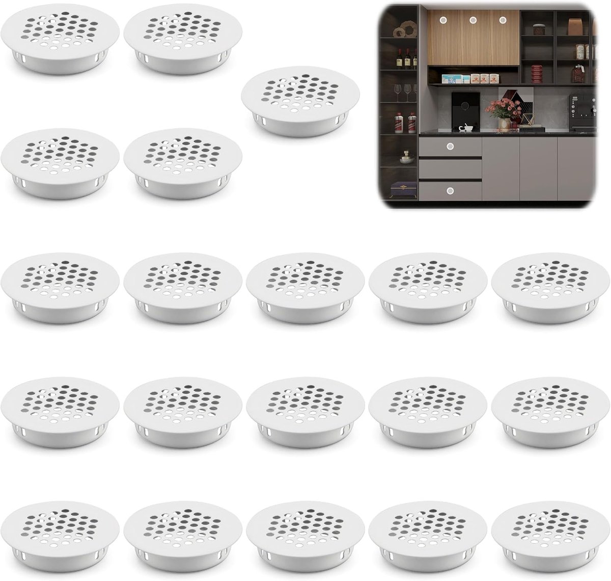 Roestvrijstalen Ventilatieroosters - Ventilatie voor Meubels - 20 Stuks - Wit - 35 mm (9501973681957)