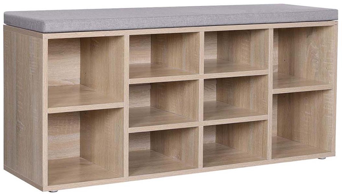 Schoenenbank Schoenenrek Opbergkast met 10 open vakken en zacht, comfortabel kussen Geschikt voor hal en slaapkamer 104 x 30 x 48 cm Natuurlijke kleur (4255901401050)