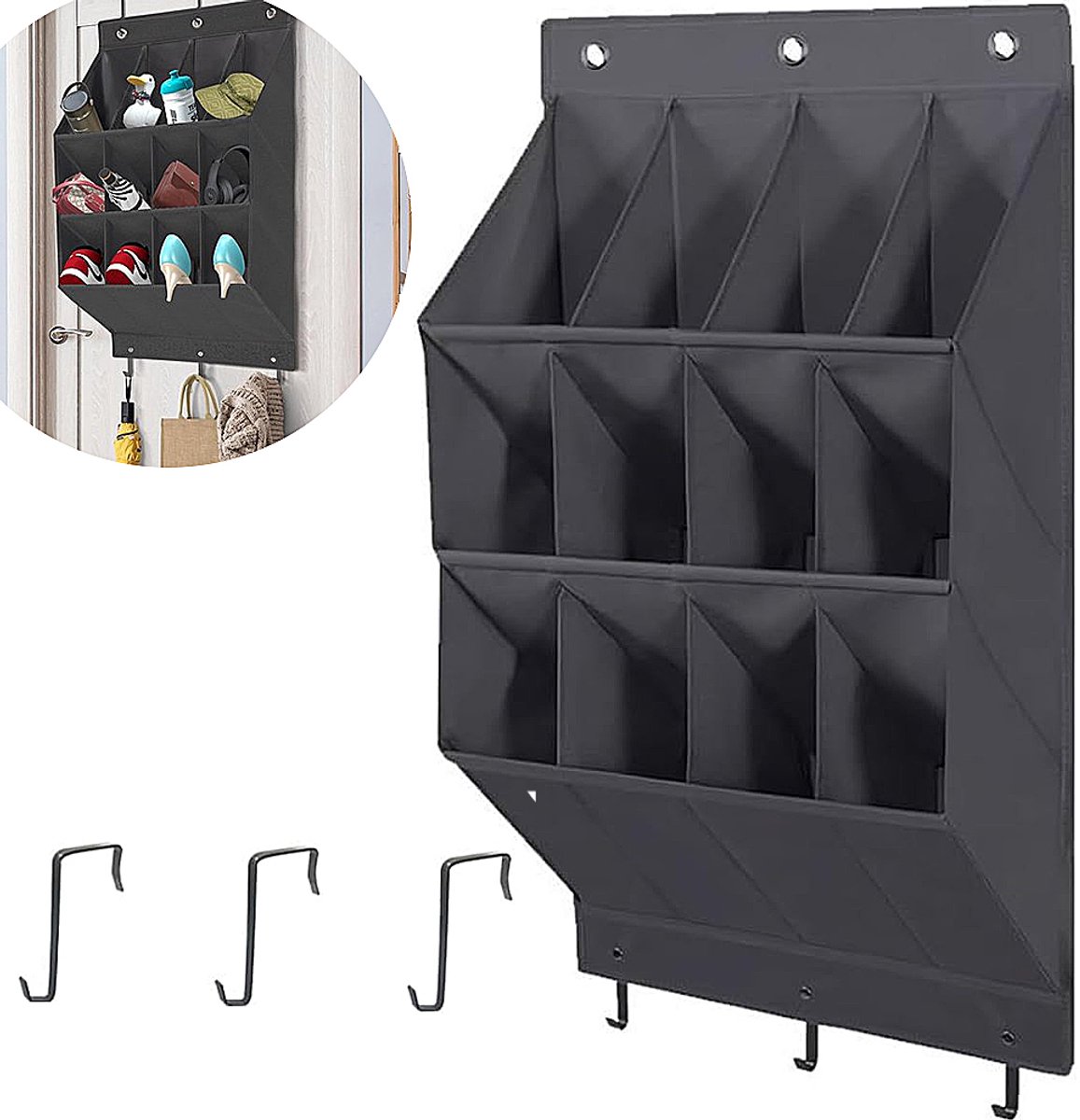 Schoenenhanger - Schoenen opberger - 12 zakken - Schoenenzak hangend - met haken - voor schoenen, huishoudelijke accessoires - ruimtebesparend - zwart (9318528026534)