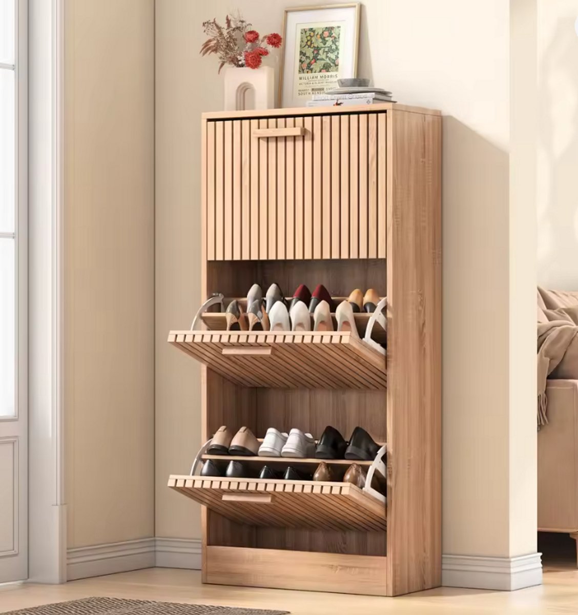 Schoenenkast Hout met Klepdeuren - Smalle Schoenenrek voor 12-18 Paar - Modern & Ruimtebesparend - Schoenen Organizer voor Hal of Slaapkamer - 113x60x24 cm (8721381160320)