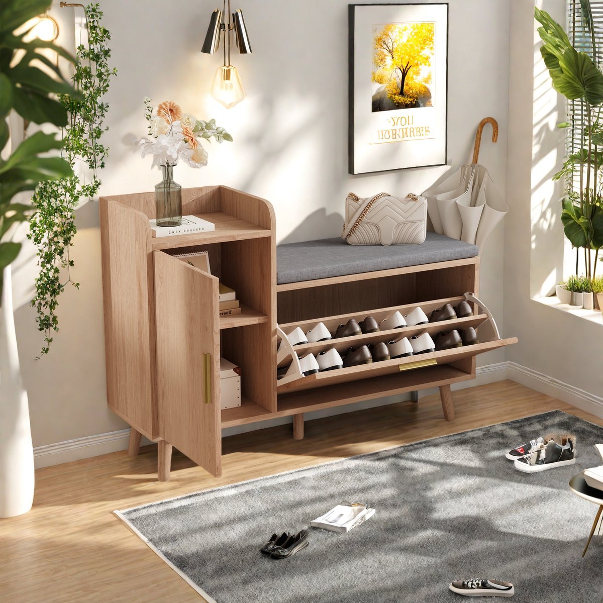 Schoenenkast - Schoenenrek - Schoenenopberger - Opbergkast - Smal Design - Schuine Laden - MDF & Hardhout - Zitkussen (8721391131990)