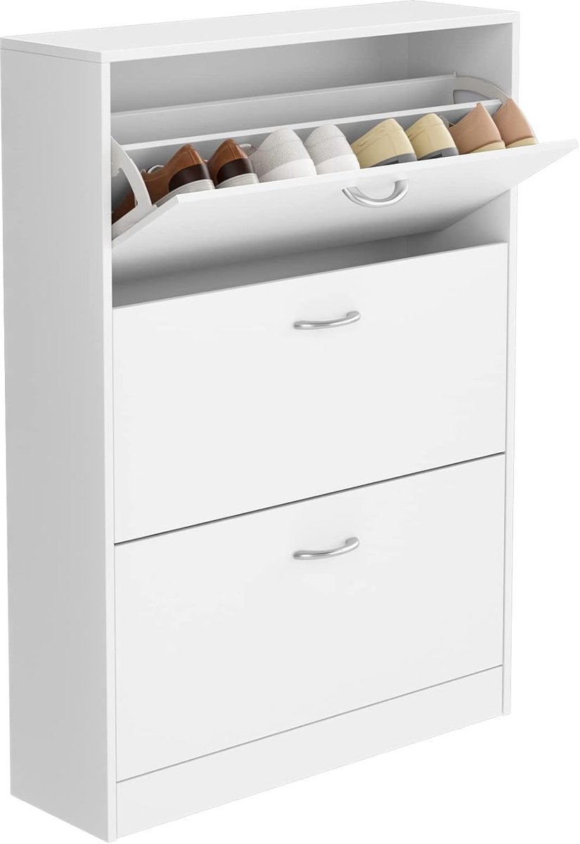 Schoenenkast Smal Wit met 3 Vouwladen, Ruimtebesparend voor 12-24 Paren, Hoog voor Hal en Entree, Hout, 110 x 80 x 23,5 cm (8785341242549)