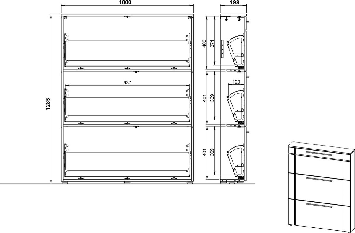 Schoenenkast Veerle Eiken - Wit - 12 paar schoenen - Breedte 100 cm - Hoogte 129 cm - Diepte 20 cm - Met kleppen (6097130634629)