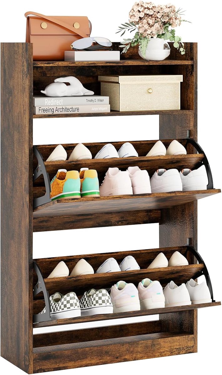 Schoenenkast met 2 Uitklapbare Lades - Slanke Verborgen Schoenenkast met Open Opbergruimte - Bruin Hout (5487571408773)