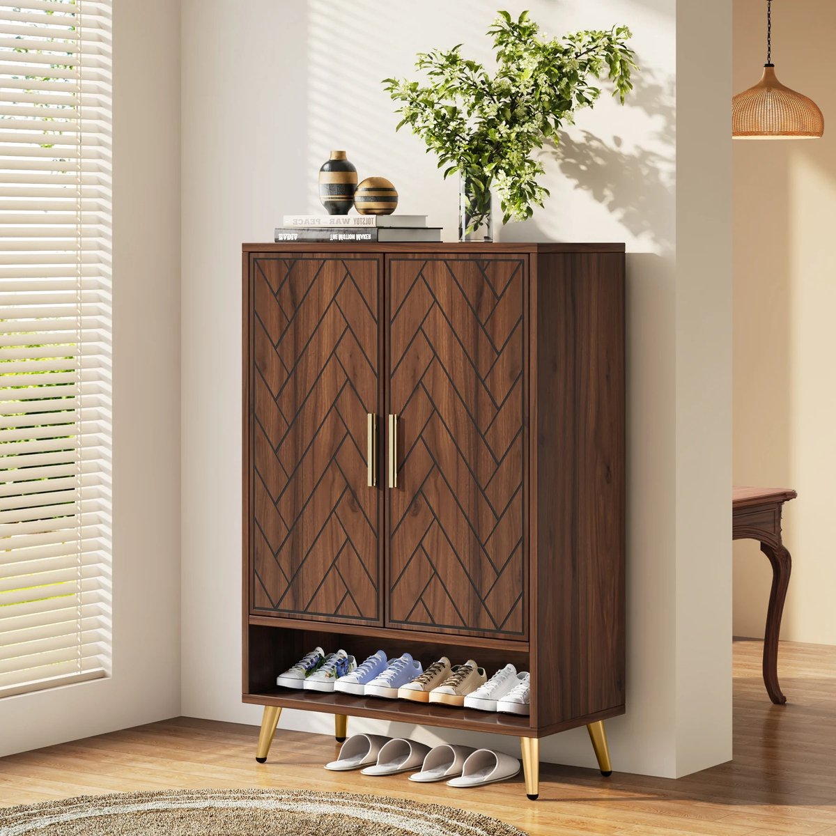 Schoenenkast met Deuren - Compact Schoenen Rek en Kast voor de Hal - Stijlvolle Schoenenkast voor Georganiseerde Opberging - 6 Laags - Verstelbaar - Bruin/Zwart - 110x72x37cm (8785326655203)