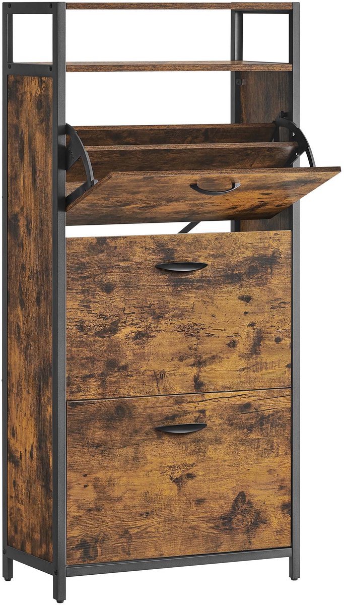 Schoenenkast opbergrek met 3 klepdeuren en 1 open vak geschikt voor 15-18 paar schoenen 60 x 30 x 130 cm bruin en zwart (4255901400602)