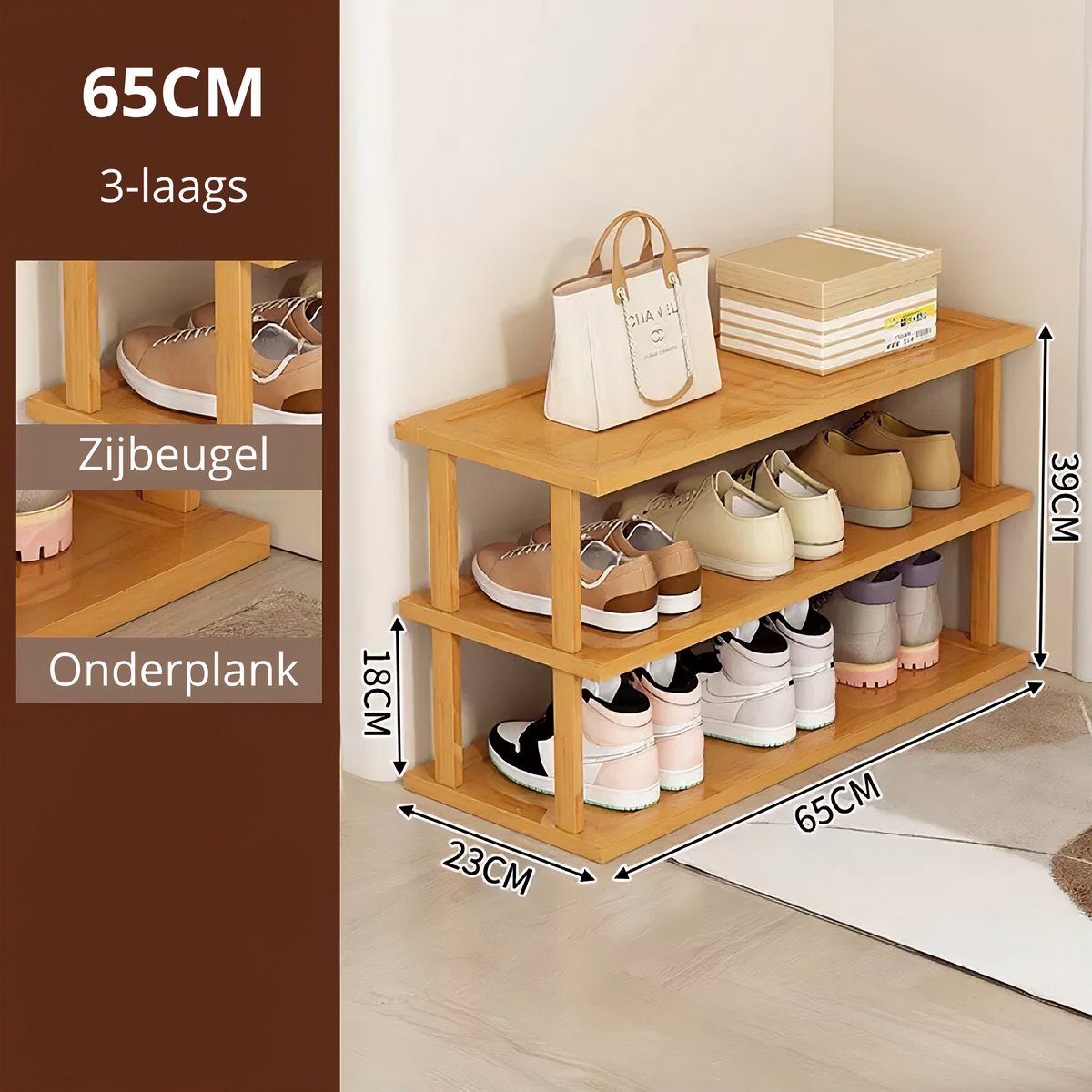 Schoenenrek - 3-laagse - Lengte 65 cm - Materiaal Bamboe - Schoenen - Opbergruimte - Opbergen - Rek - 3-65 (8720955215411)