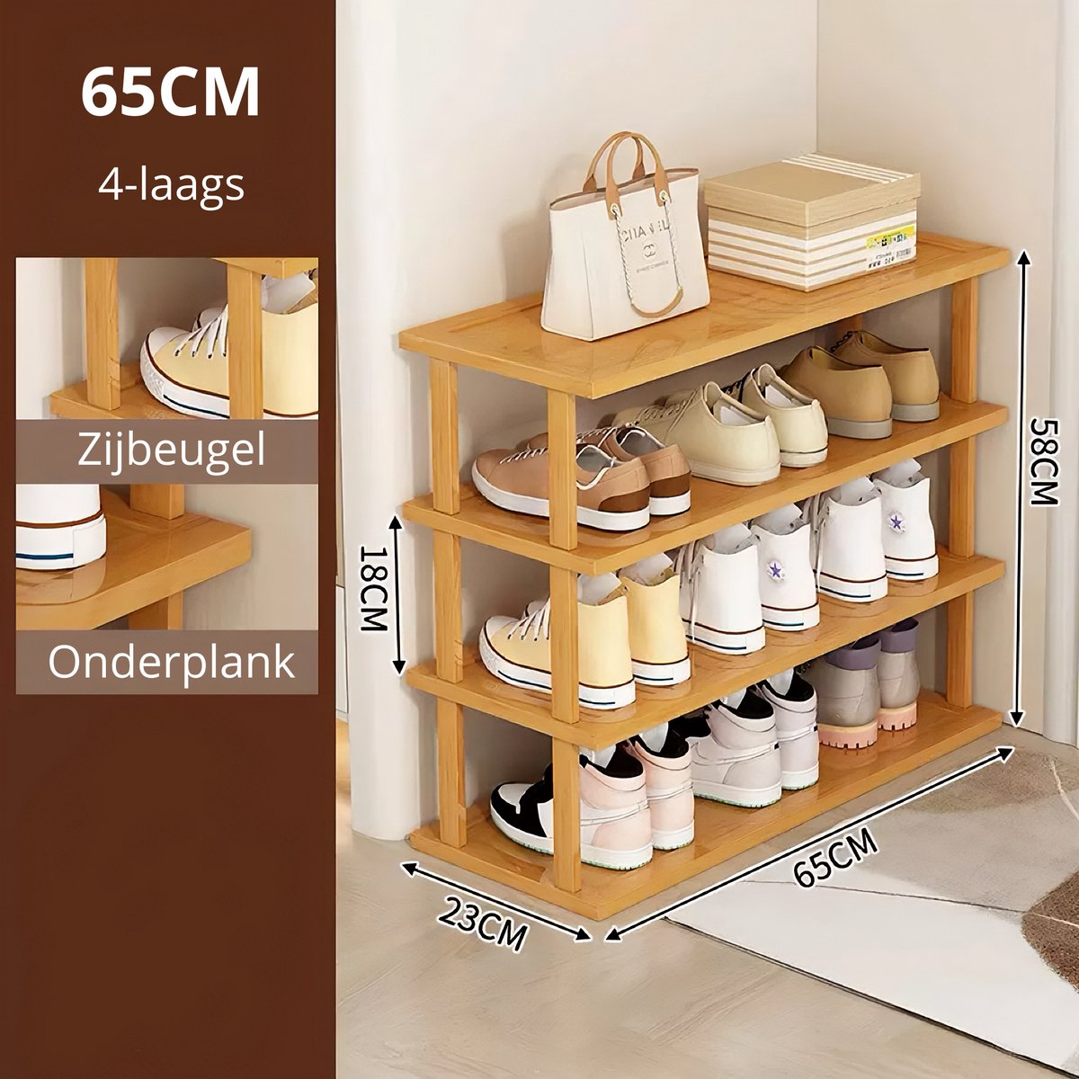 Schoenenrek - 4-laagse - Lengte 65 cm - Materiaal Bamboe - Schoenen - Opbergruimte - Opbergen - Rek - 4-65 (8720955215428)