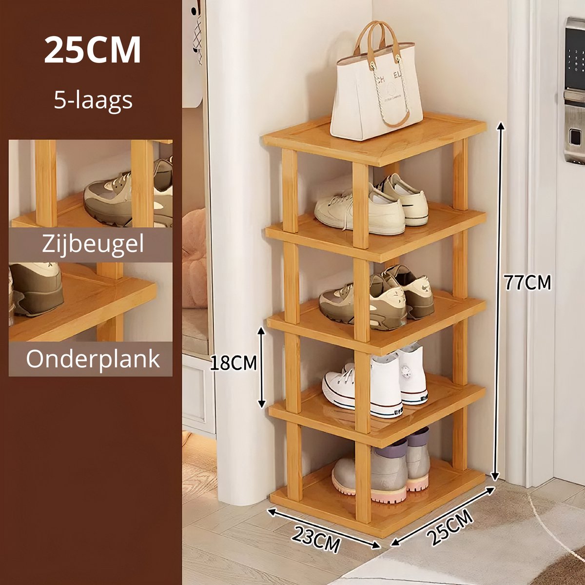 Schoenenrek - 5-laagse - Lengte 25 cm - Materiaal Bamboe - Schoenen - Opbergruimte - Opbergen - Rek - 5-25 (8720955215282)