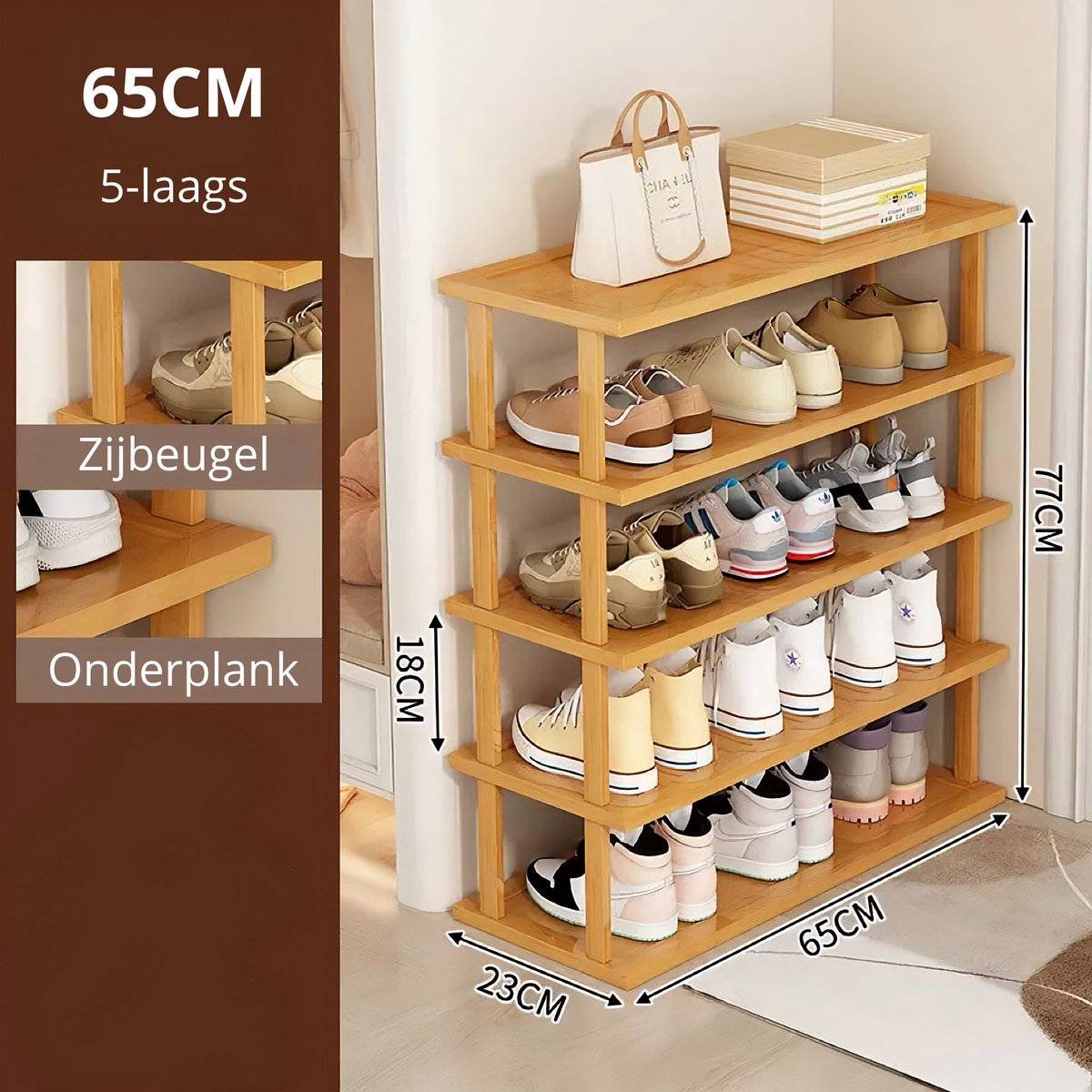 Schoenenrek - 5-laagse - Lengte 65 cm - Materiaal Bamboe - Schoenen - Opbergruimte - Opbergen - Rek - 5-65 (8720955215435)