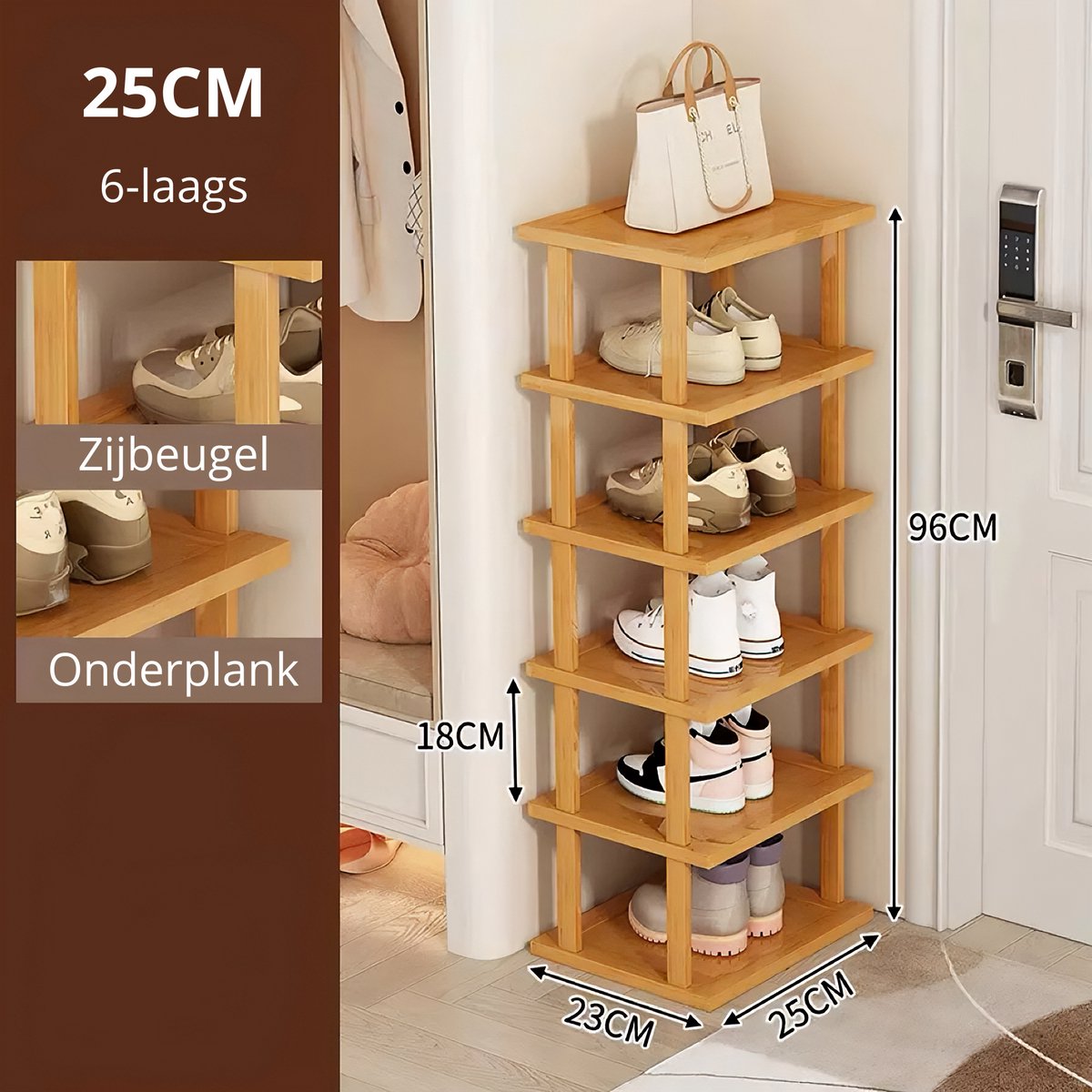 Schoenenrek - 6-laagse - Lengte 25 cm - Materiaal Bamboe - Schoenen - Opbergruimte - Opbergen - Rek - 6-25 (8720955215404)