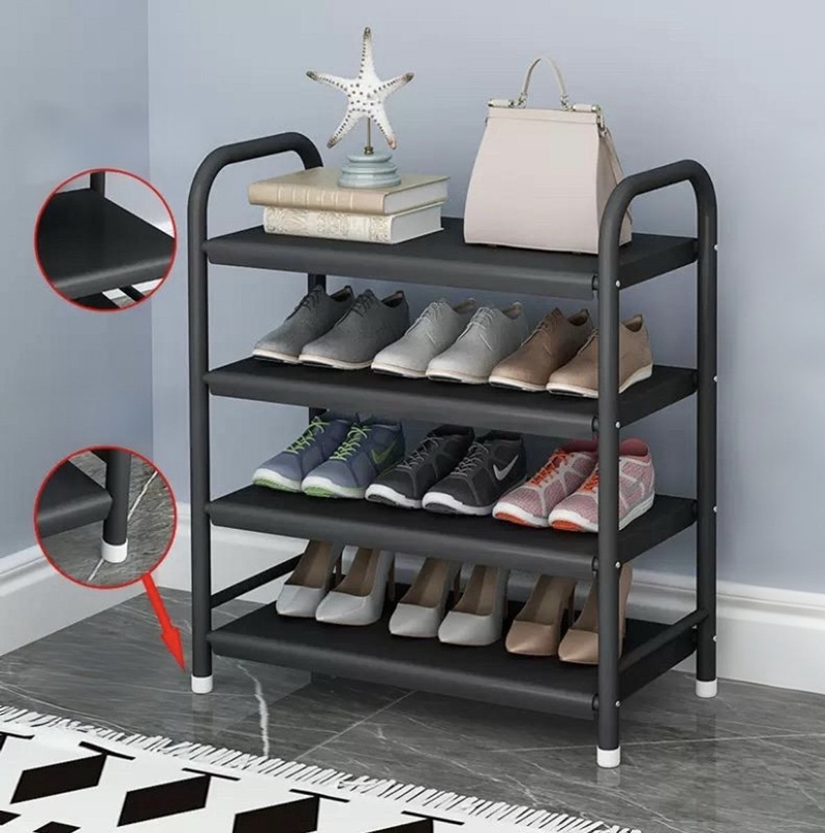 Schoenenrek - 60 cm - 4laags - Kleur Zwart - Schoenen - Opbergruimte - Opbergen (8720955214841)