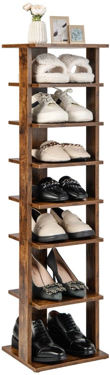 Schoenenrek met 7 Lagen, Torenvormig Hoekopbergsysteem, Ruimtebesparend, 27×26×110 cm, Koffie (5487571408667)