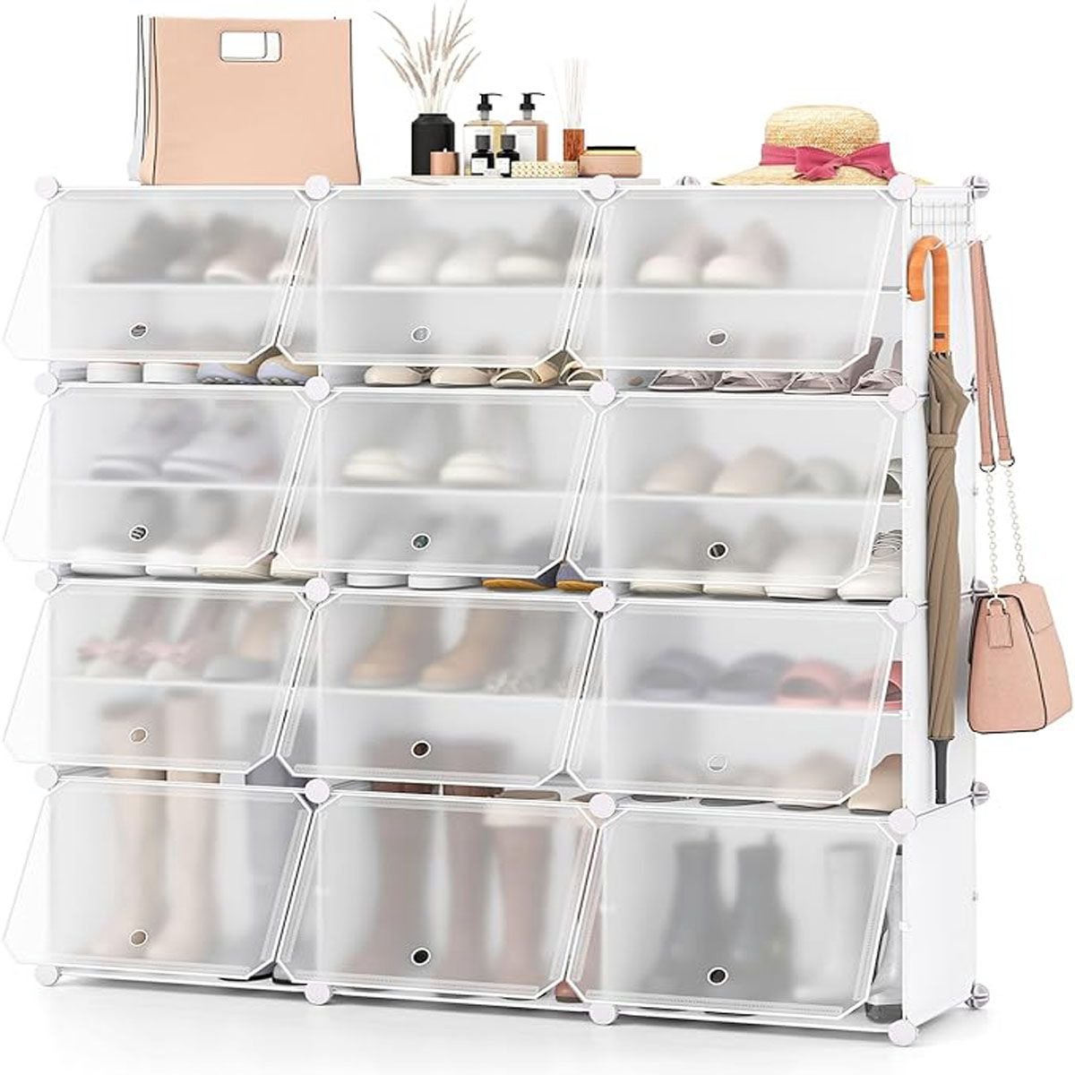 Schoenenrek met 8 Lagen - Kunststof Schoenenkast voor 48 Paar - Inclusief Verstelbare Ophanghaak - Wit (5487571408735)