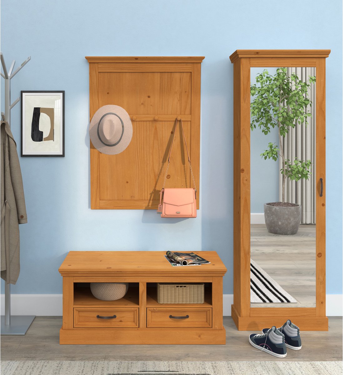 Selma|Schoenenopberger met 1 spiegeldeur in grenen (5711950566793)