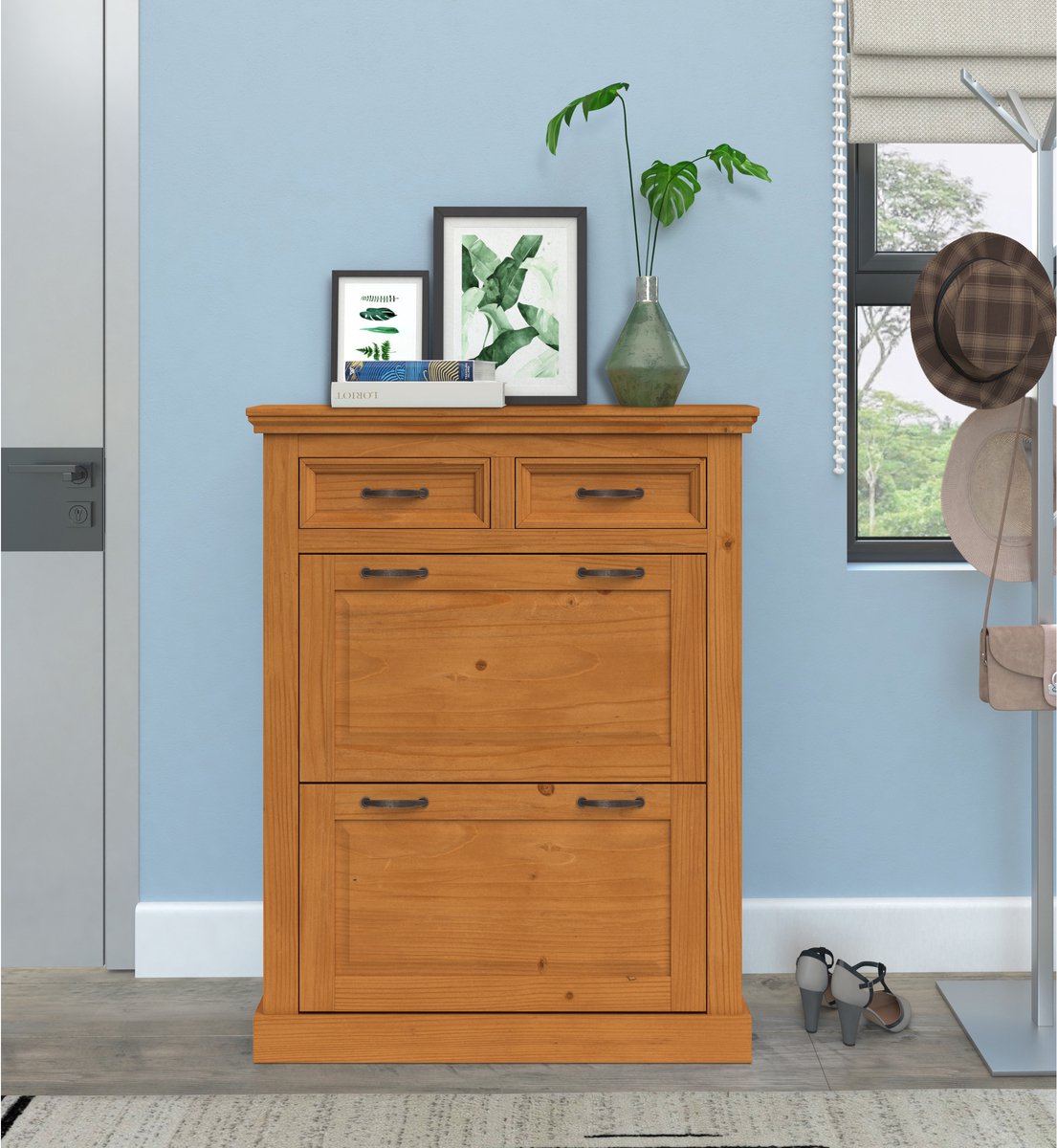 Selma|Schoenenopberger met 2 klepdeuren en 2 lades in grenen (5711950566779)