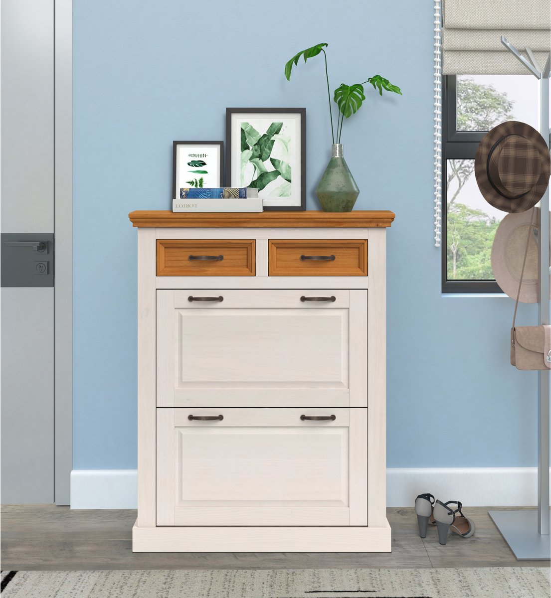 Selma|Schoenenopberger met 2 klepdeuren en 2 lades in grenen wit (5711950566786)