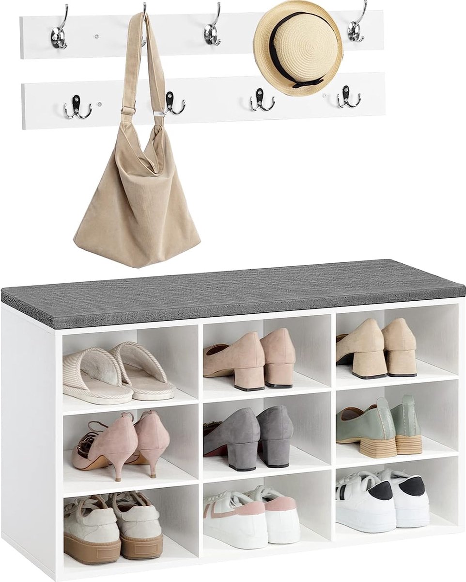 Set garderobeset met schoenenrek - schoenenbank met 9 vakken - zacht beklede zitbank met schoenenrek - wandgarderobe met 9 haken - schoenenkast voor de gang - entree - slaapkamer - wit (8720849721424)