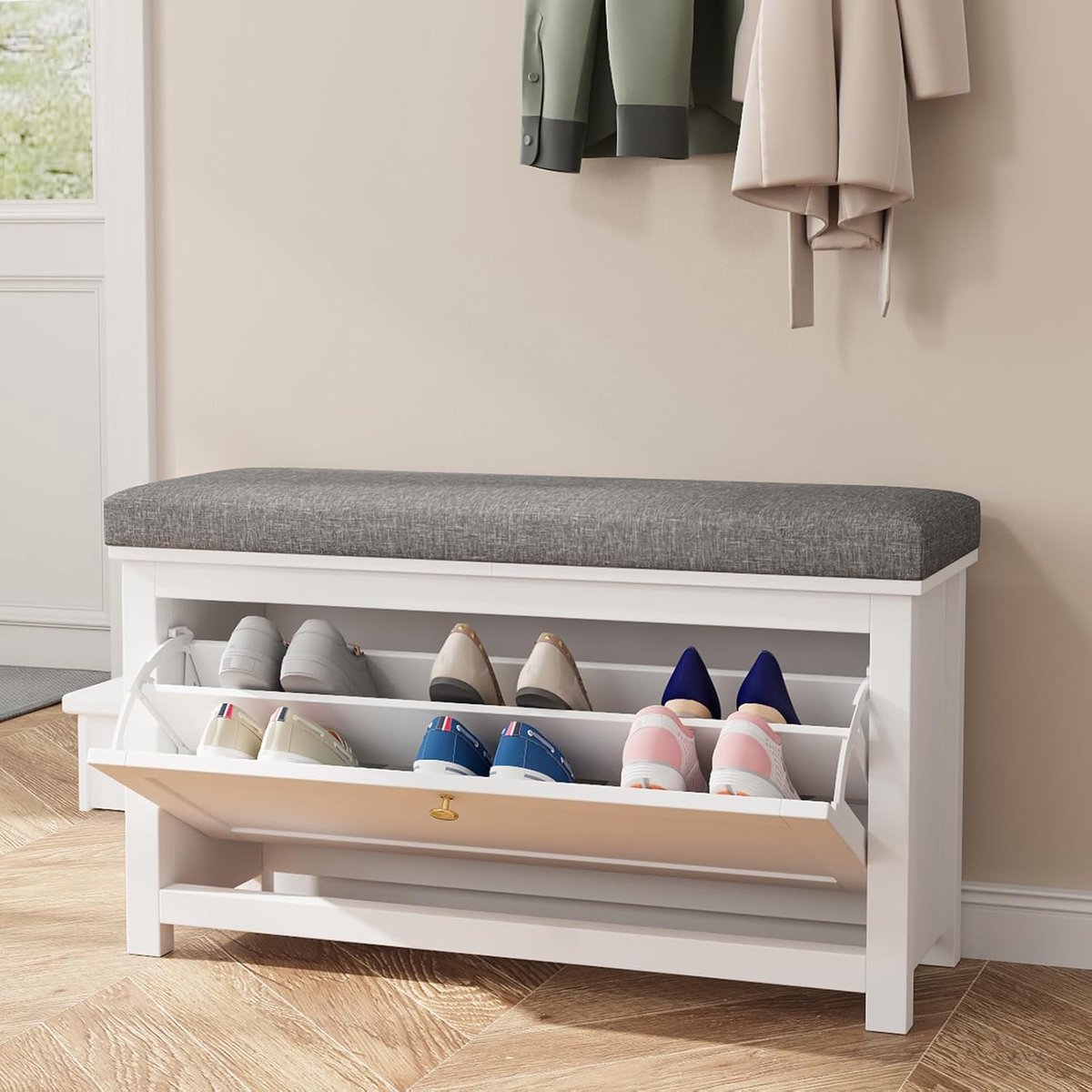 Smal schoenenrek met kleppen en bank - Verstelbaar zitkussen, wit, 90×31×52 cm (5487571405765)