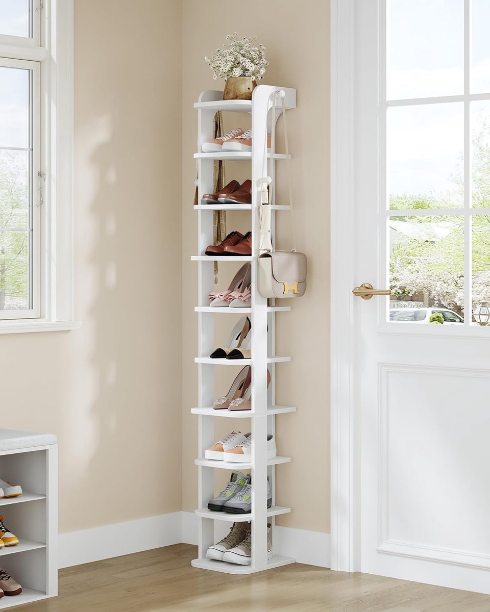 Smalle schoenenkast - 10 niveaus, houten opbergrek met haken, verstelbaar en ruimtebesparend - Wit SR21003X (5487571406458)