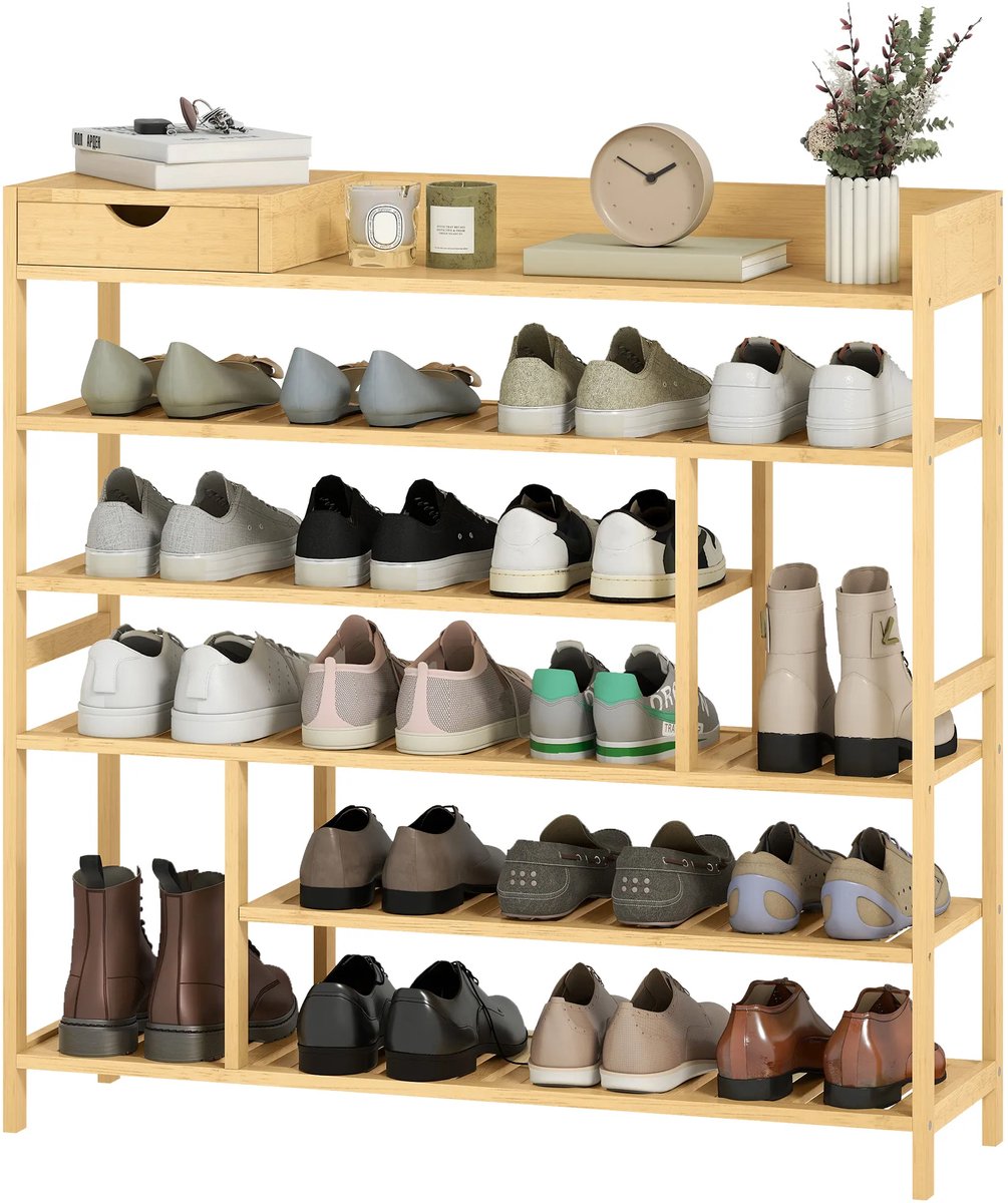 TRUUSK Schoenenrek met 6 niveaus - Lade van bamboe - Voor max. 18 paar schoenen - Voor entree of slaapkamer - 101 x 30 x 100 cm - (8700001557641)