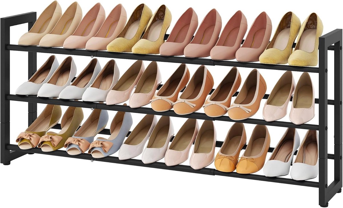 Uitbreidbaar Schoenenrek - 3-Laags, Verstelbare Schoenenorganizer van Metaal, Vrijstaand, Zwart (8785341241894)