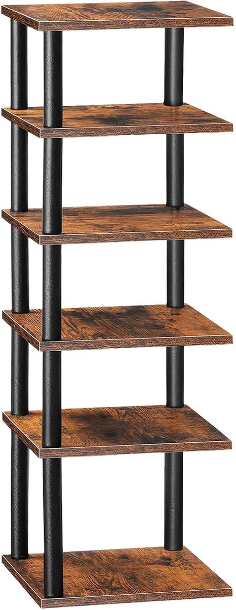 Verticaal Schoenenrek met 6 Planken - Smalle Organizer voor Kleine Ruimtes, 28x28x100 cm, Rustiek Bruin/Zwart (8785341245441)