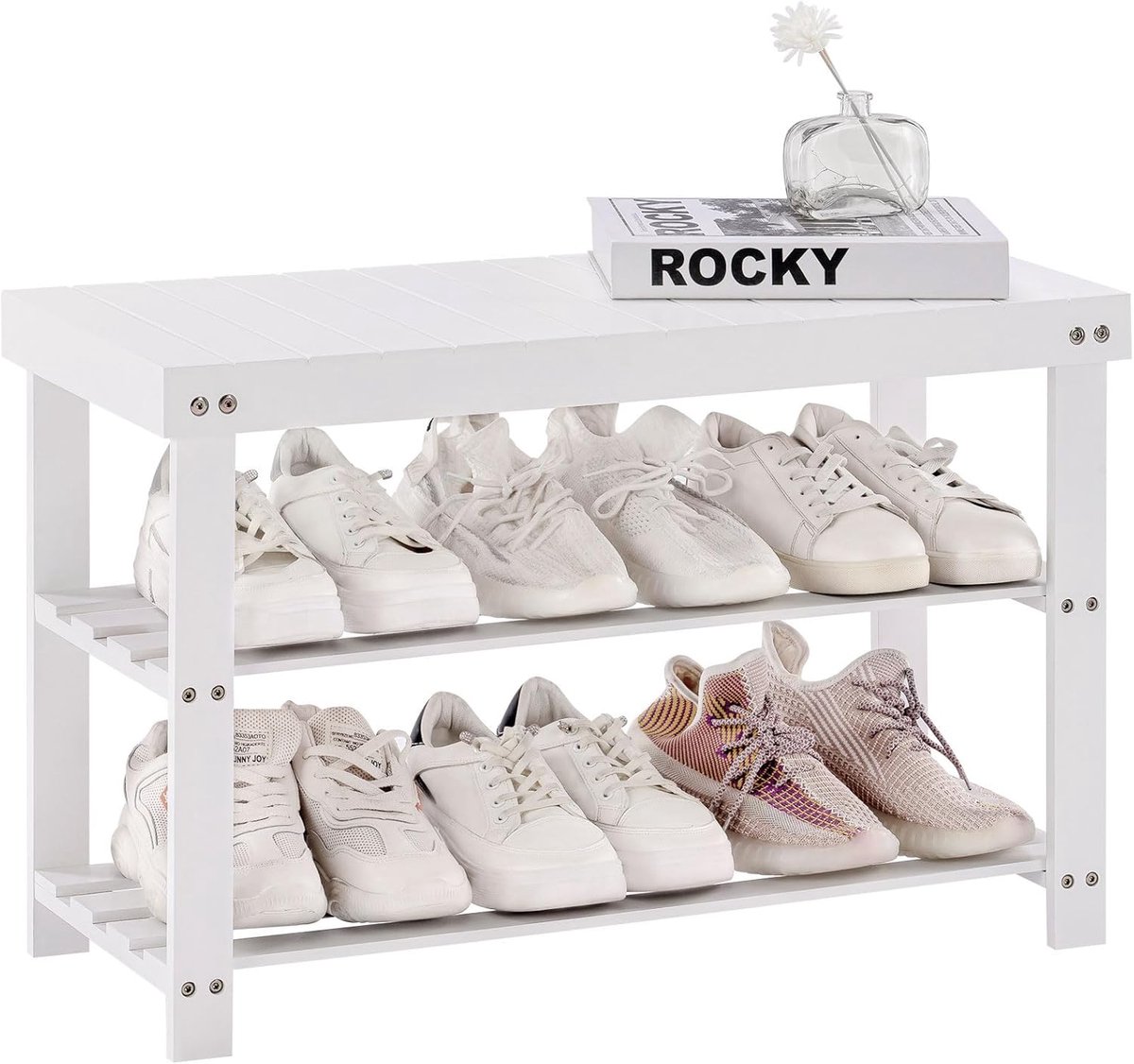 Witte schoenenbank van bamboe met 3 planken - 70 x 28 x 45 cm, schoenenrek en zitbank voor hal, woonkamer & badkamer (8785341243270)