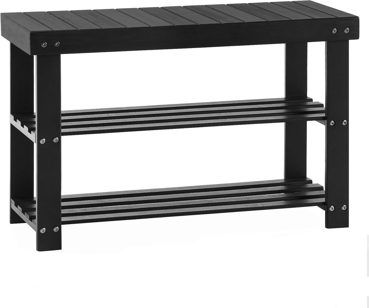 Zwarte schoenenbank van bamboe met 3 planken - 70 x 28 x 45 cm, schoenenrek en zitbank voor hal, woonkamer, garderobe & badkamer (8785341243249)