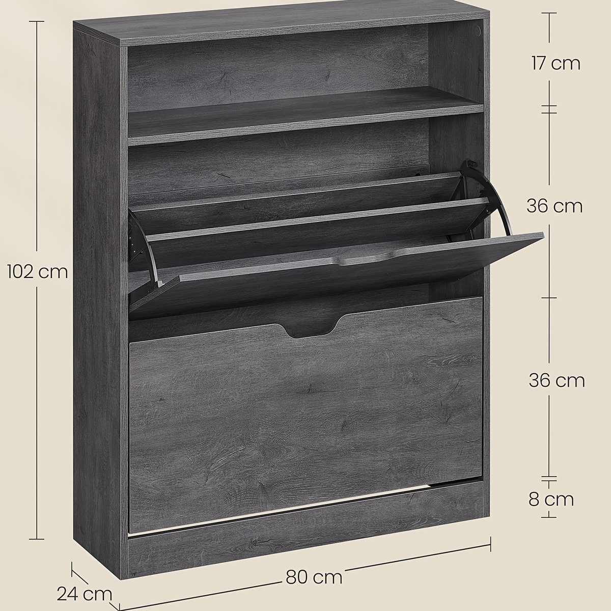schoenenkast - schoenenrek - Schoenenkast met 2 Kleppen, Schoenenrek, Open Vakken, Verstelbare Scheider, voor 11-16 Paar Schoenen, Hal, 24 x 80 x 102 cm (8721392302030)