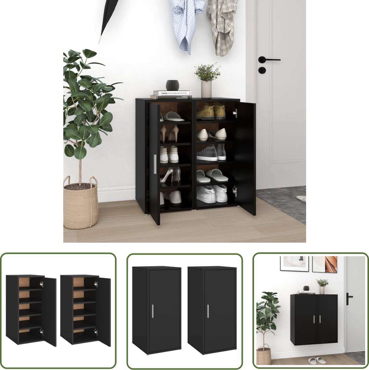 vidaXL Schoenenopbergers - Schoenenkast - Schoenenkasten 2 st 32x35x70 cm spaanplaat zwart - Kast - Organisatie - Opslag (8721032046225)