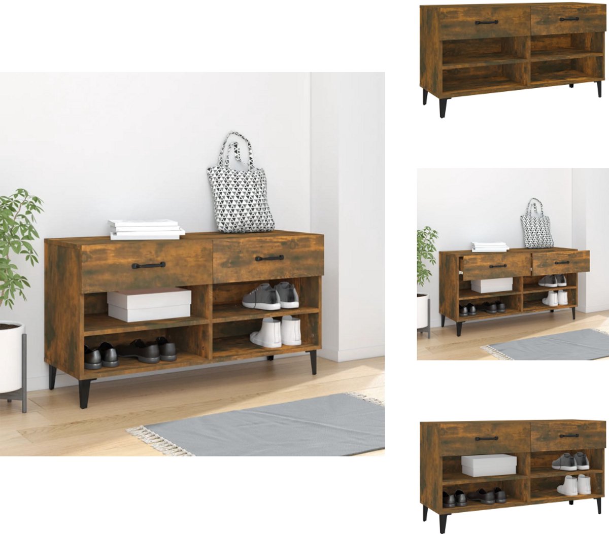 vidaXL Schoenenrek - Schoenenrekken - Opbergrek Voor Schoenen - Schoenenstellage - Schoenenkast 102x35x55 cm bewerkt hout gerookt eikenkleurig (8721096883095)