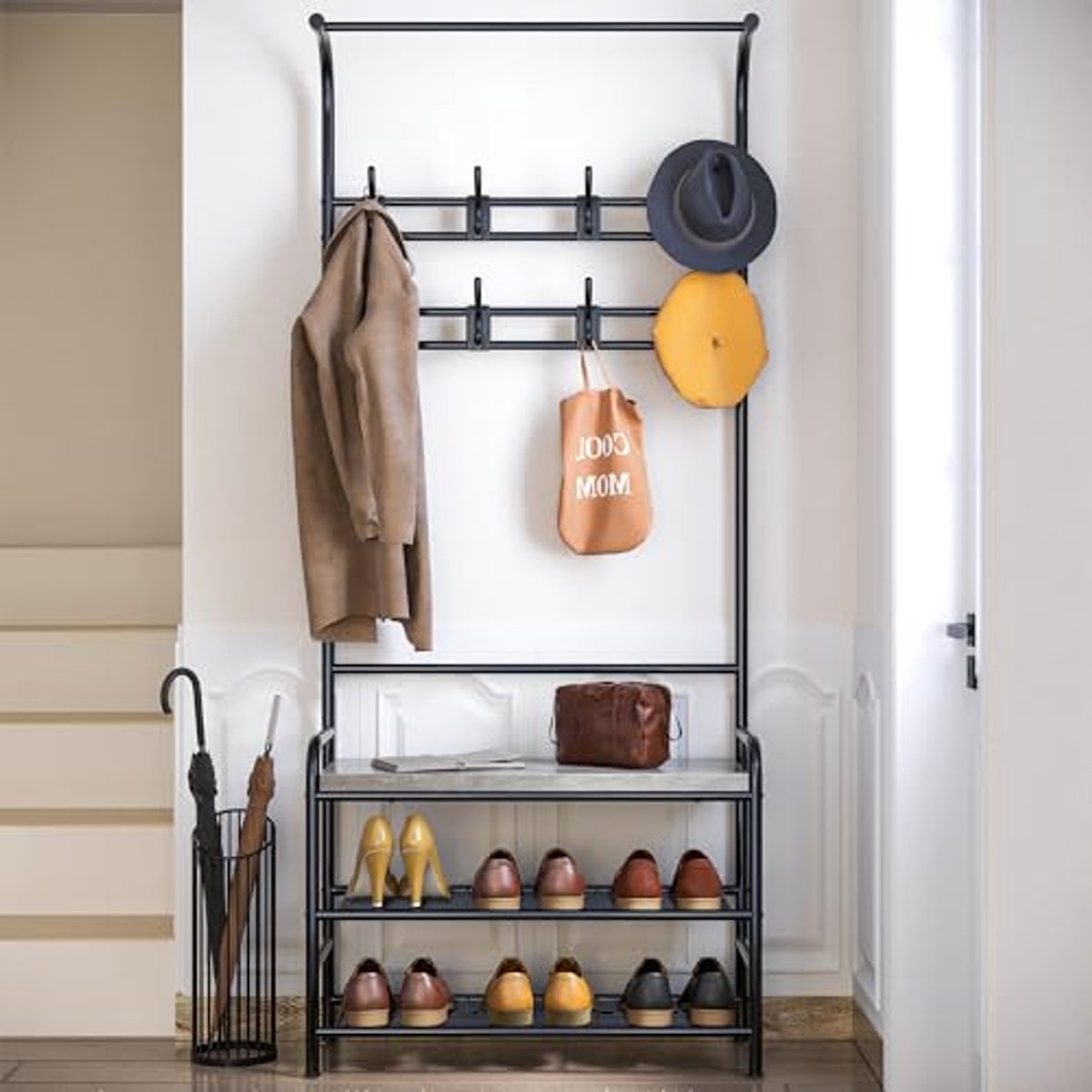 4-in-1 Hal Tree Schoenbank met Kapstok en Opbergplank - Ruimtebesparende Oplossing voor Entree en Slaapkamer (6153928732752)