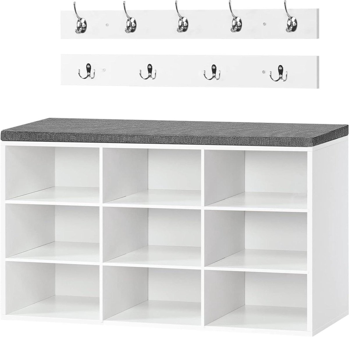 Brenzoos - Garderobeset met schoenenrek en zitbank - Wit - 9 vakken, 9 haken - Schoenenopbergers (8721429595596)