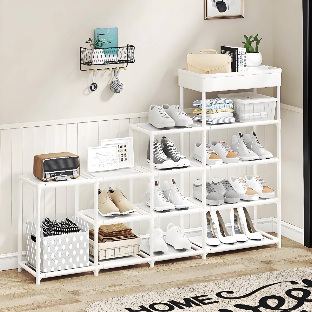 CHIWIN Schoenenrek 5 Laags - Schoenenrek met Opbergmand - Zwart Metaal Schoenenrek voor Hal, Slaapkamer & Woonkamer - 120 x 21,5 x 80 cm - Wit (0699346005390)