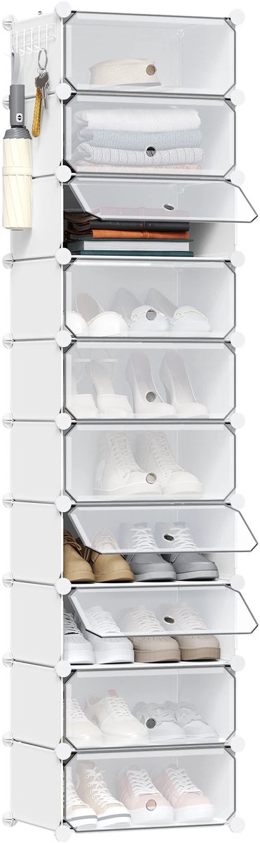 CYRO - Schoenenkast - Schoenenkast met deuren - Schoenenbank - Schoenen kast wit - Opbergkast - Transparant - 10 stapelbaar gecombineerd - Opbergkast 20 paar - 40x30x170cm - Wit (8721447330162)