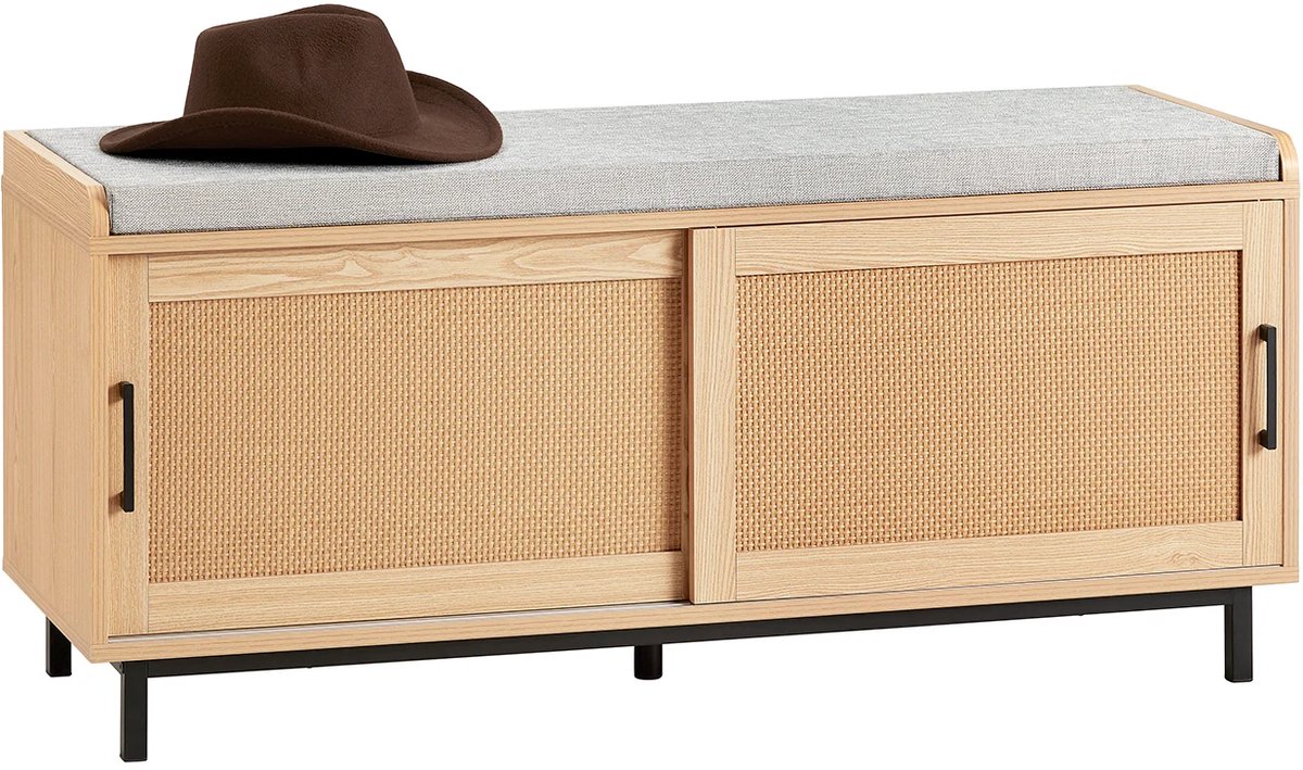 Fubzz Schoenenbank Met Zitplank - Schoenenkast Met Schuifdeuren - Bank Met Opbergruimte En Ladekast - Natuurlijk Rotan Design - Naturel MDF 110x49x40 (8721425490857)
