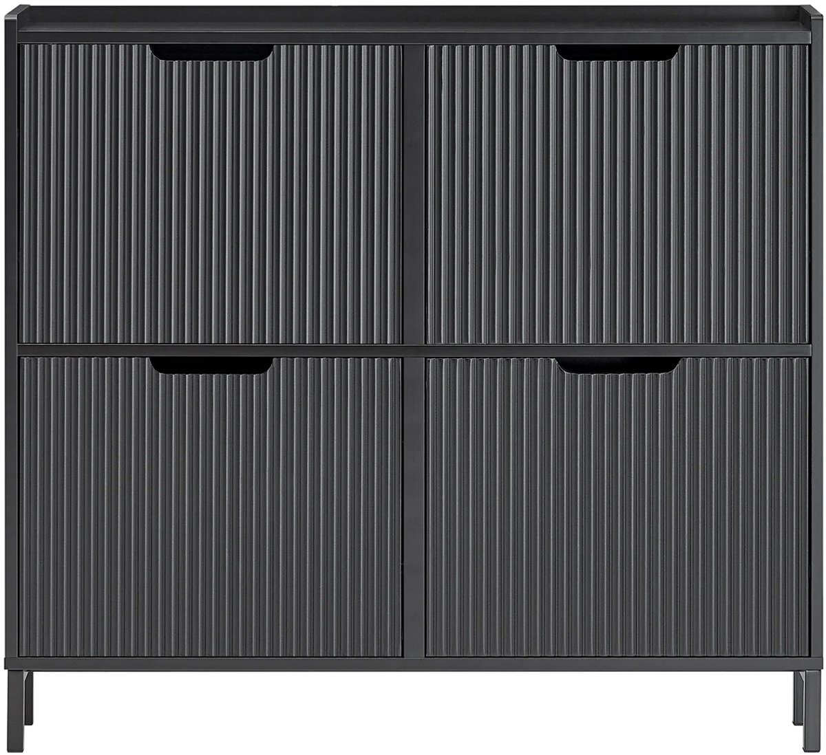 Fubzz Schoenenkast 4 Flap - Smal Schoenenrek - Opbergkast Voor 4 Planken - Ruimtebesparend Hal Meubel - Zwart MDF Metaal 100x91x19cm (8721425490840)