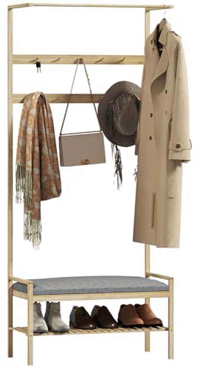 Kapstok en schoenenbank met zitkussen - Bamboe garderobe met haken en schoenenrek voor entree (6154452918988)